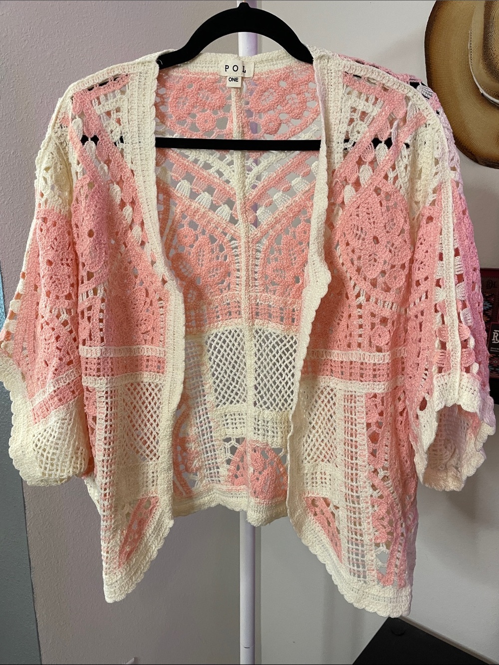 POL Crochet Openfront Cardigan in Pink and Cream